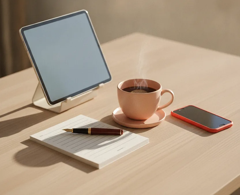 El escritorio de un anunciante bajo la luz de la mañana: una tablet en su soporte, un bloc de hojas impresas con una pluma estilográfica sobre ellas, una taza de café y un teléfono con funda roja sobre roble claro