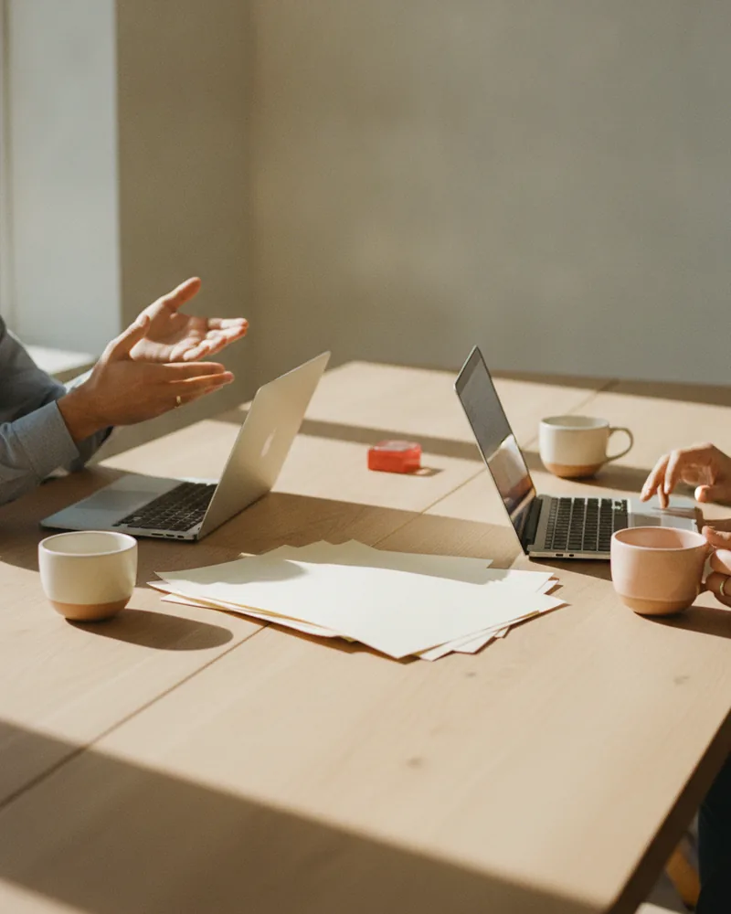 Two pairs of hands mid-discussion over a long sunlit oak table with two open laptops, loose papers and several ceramic cups