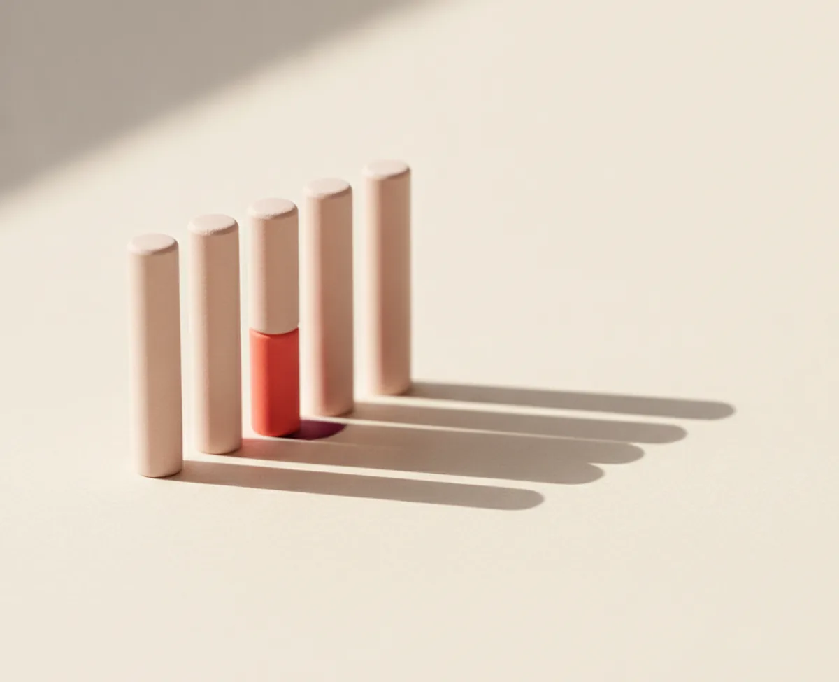 Five matte blush cylindrical pins standing in a row on a warm off-white surface, the middle one part coral, with long soft shadows stretching to the right