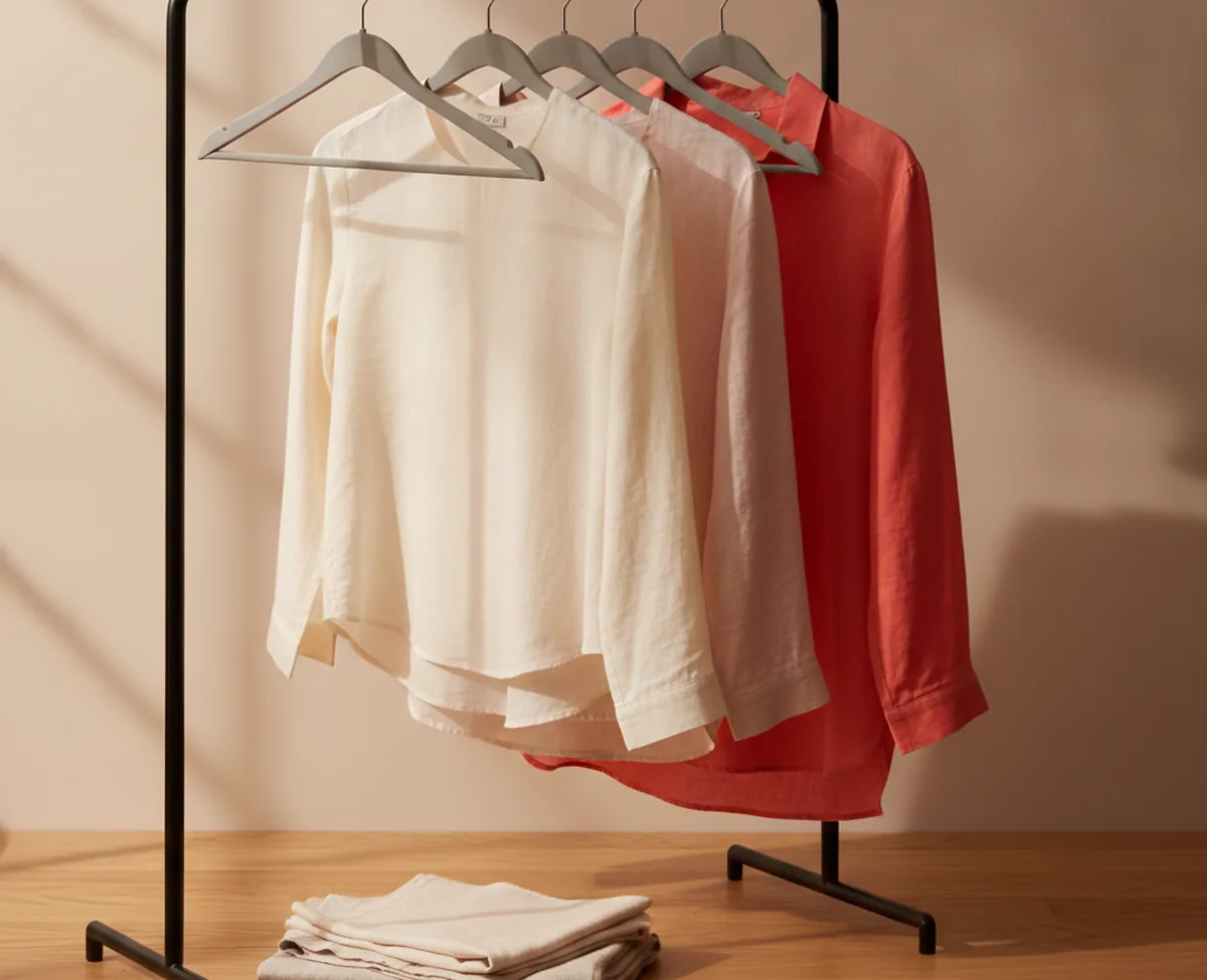 A slim black clothing rail against a blush wall holding four plain shirts on matching hangers — three in off-white and pale pink, one in coral — with a folded stack of neutral fabric on the oak floor below