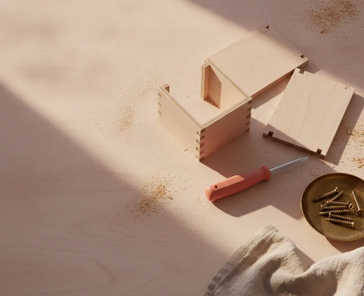 An overhead view of a pale workbench with a part-built wooden box, its two remaining panels lying unattached beside it, a coral-handled screwdriver, a brass dish of screws and a folded linen cloth