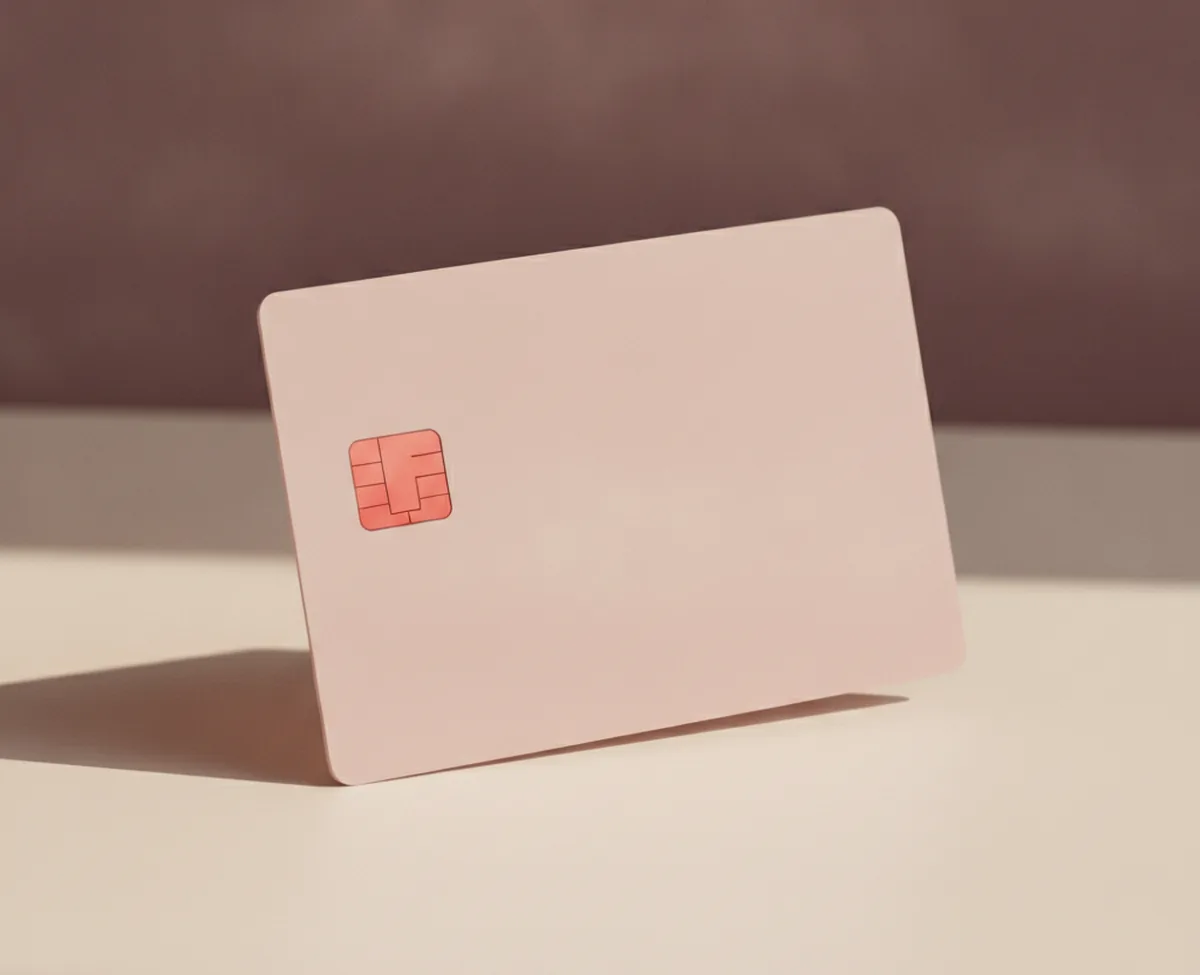 A blank blush payment card standing upright on a warm off-white surface, a coral chip set into its otherwise plain face and a soft shadow falling behind it