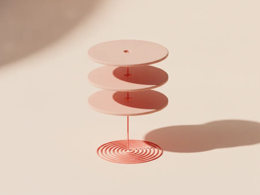 Three pale discs floating in a stacked column above a warm off-white surface, a single coral thread running down through the center of all three and coiling into a spiral below