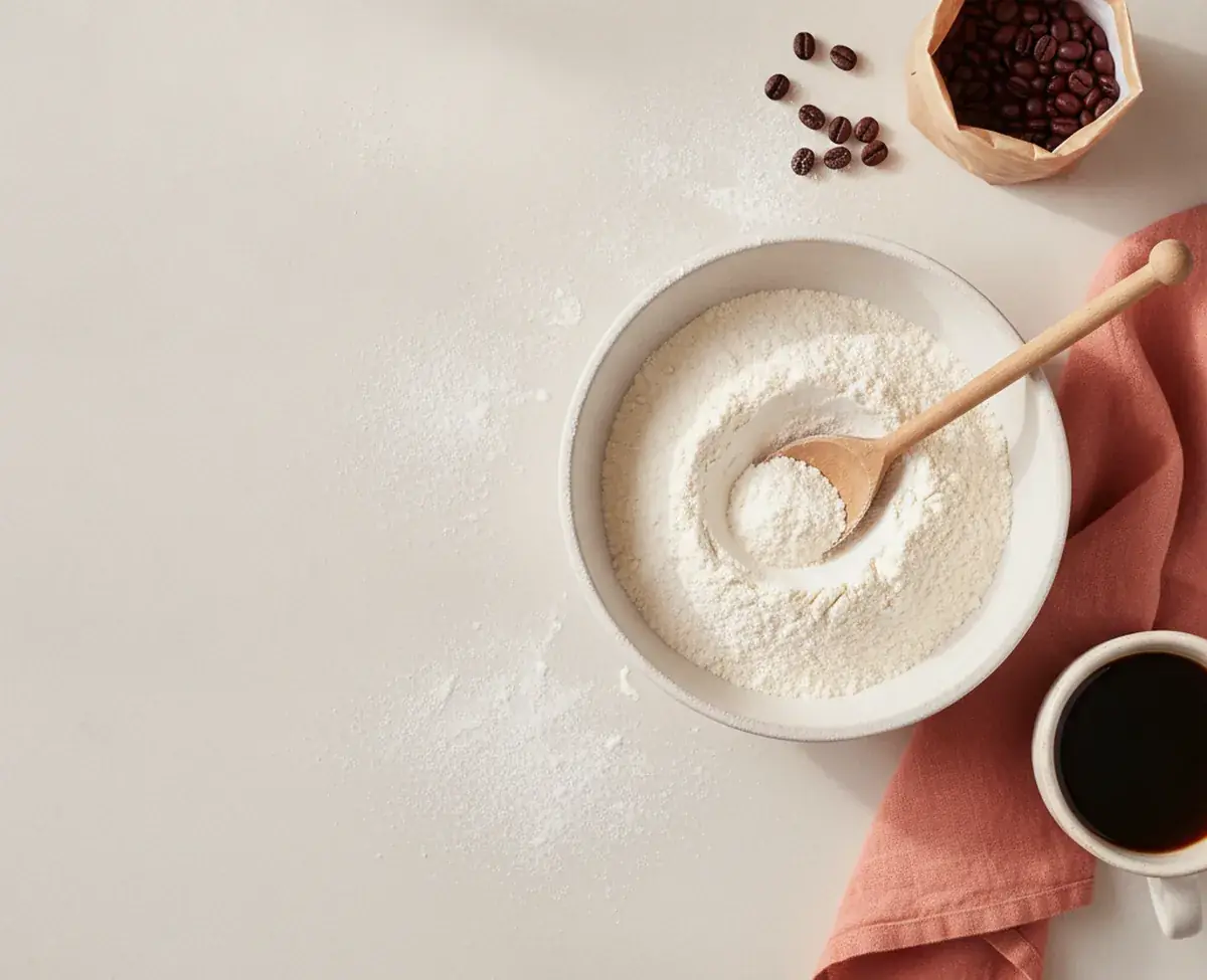 An overhead view of a pale stone counter with a shallow ceramic bowl of flour and a wooden spoon, a folded coral linen cloth, a cup of black coffee and an unmarked kraft bag of coffee beans