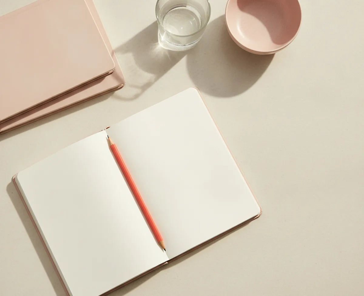 An overhead view of a pale counter with three closed planner notebooks stacked to one side and a fourth lying open at two blank pages, a coral pencil in the gutter, a glass of water and an empty bowl alongside