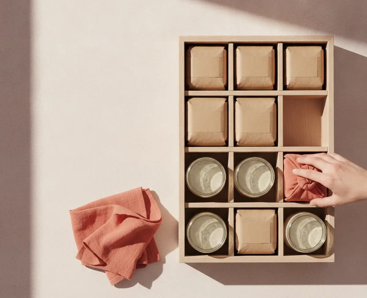 An overhead view of a compartmented wooden crate of plain kraft parcels and unlabelled jars with one compartment left empty, and a hand lowering a coral-wrapped parcel toward it
