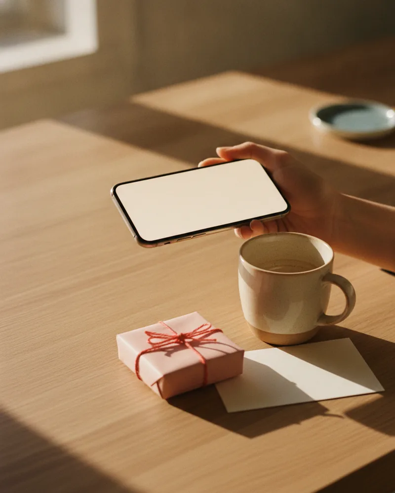 A hand holding a smartphone above a sunlit oak counter beside a small parcel wrapped in blush paper with coral twine and a ceramic mug