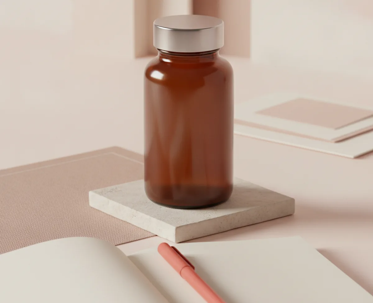 A tall unlabelled amber glass supplement bottle standing on a pale stone coaster beside an open notebook with blank pages and a coral pen resting in the gutter
