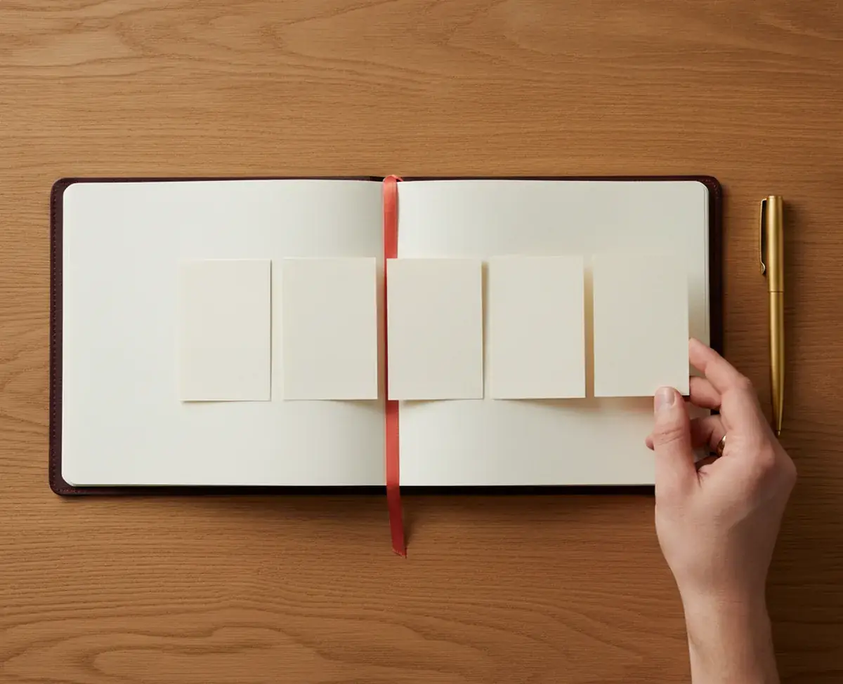 An open leather folio on a warm oak desk with five blank ivory cards laid out in a row across its pages, a hand setting the last one in place beside a coral ribbon marker and a brass pen