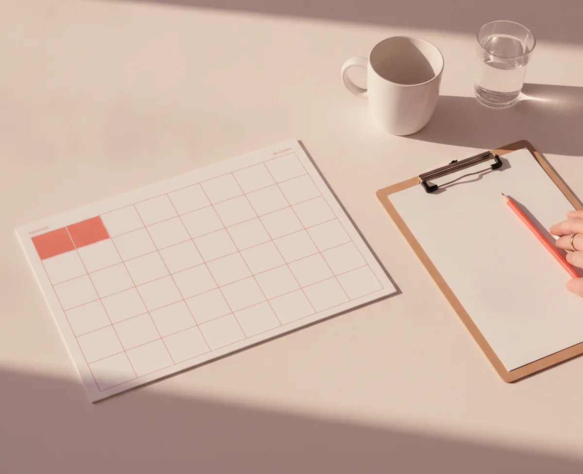 A writer's desk in daylight with a large paper month planner ruled into empty squares, two of them blocked out in coral, a clipboard of blank paper and a coral pencil alongside