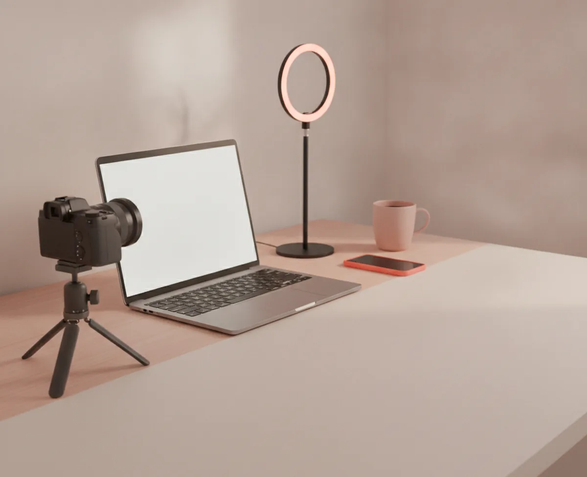 A small matte camera on a desktop tripod at the edge of a warm oak desk, pointed across it at an open laptop with a blank screen, a slim ring light behind and a coral-cased phone lying beside them