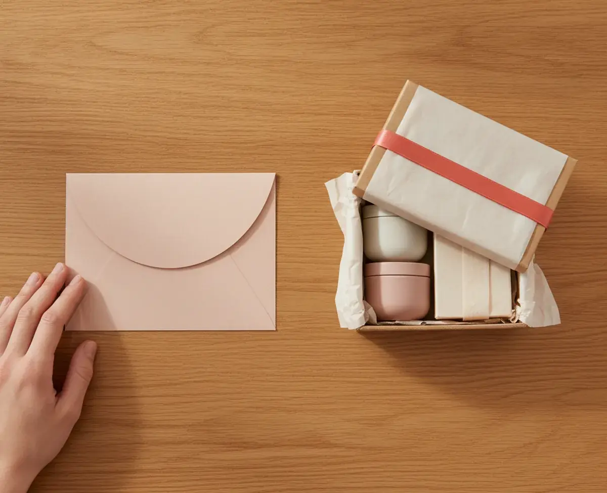 An overhead of a warm oak desk with a plain blush card sleeve under a resting hand on one side and an open kraft gift box of unmarked jars tied with a coral ribbon on the other