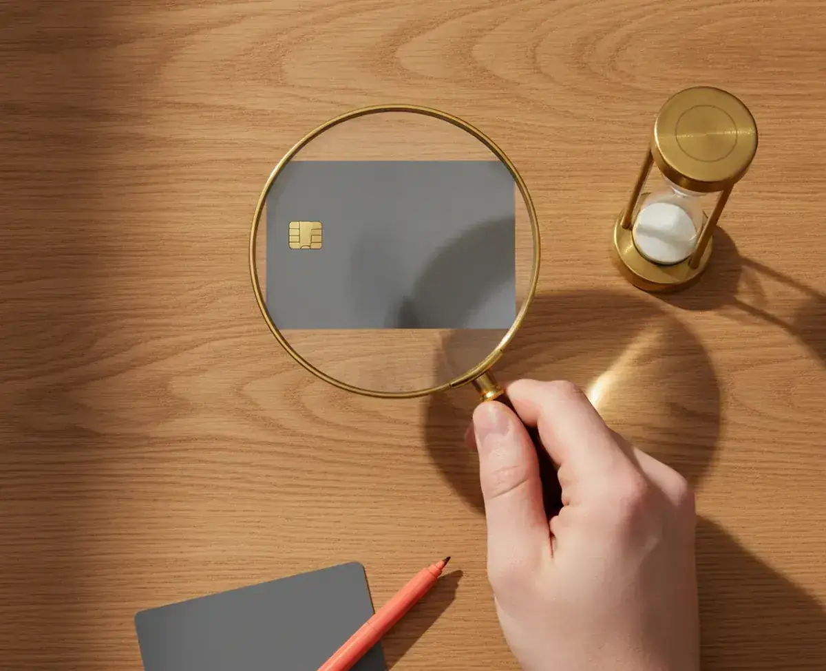 A blank matte payment card seen through a brass magnifier on a warm oak desk, a run-through sand timer standing beside it and a second card face-down at the edge