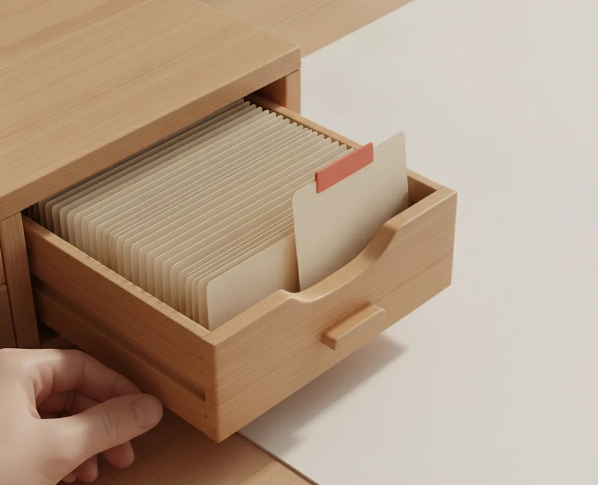 A wooden card-index drawer pulled open on a warm desk, packed with identical blank ivory cards, one card raised above the rest with a small coral tab and a hand resting on the drawer's edge