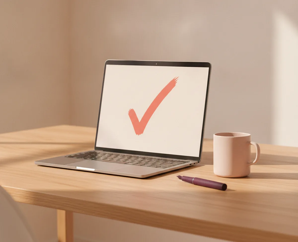 A sunlit oak desk with an open laptop showing a large abstract coral tick mark on its blank screen, a plain ceramic mug and a fountain pen beside it