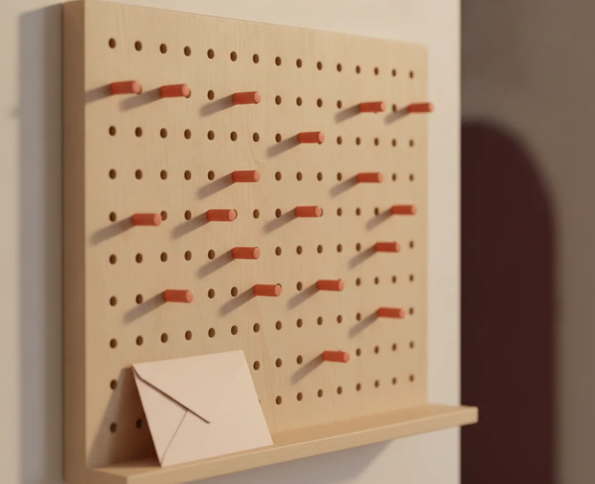 A wooden wall-mounted perpetual calendar block with small coral pegs plugged in at weekly intervals, a small envelope resting below