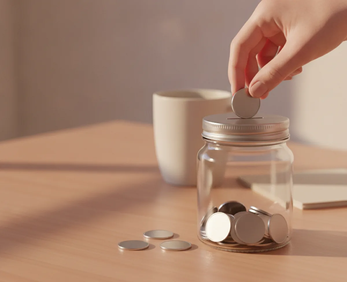 A clear glass jar on a home desk holding only a shallow layer of plain coins, a few more resting on the wood beside it and a hand dropping one more through the slot in the lid