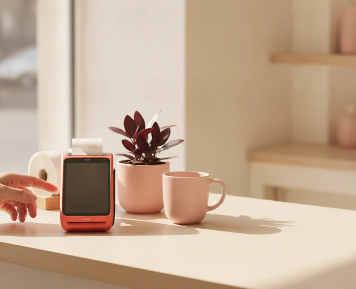 A coral card payment terminal standing on a sunlit wooden shop counter beside a small potted plant, a ceramic mug and a receipt roll, with a hand reaching in from the left