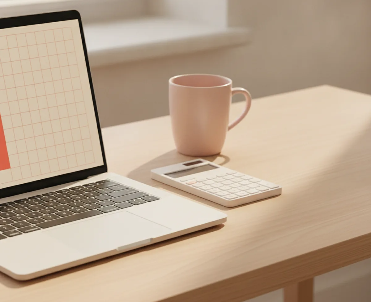A sunlit oak desk with an open laptop showing an abstract grid of squares with one column filled coral, a slim calculator with blank keys and a ceramic mug beside it