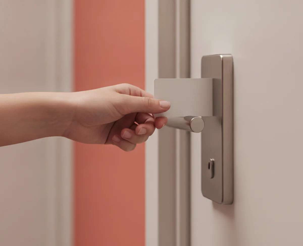 A hand pushing a plain matte white key-card into a matte hotel-room door lock in a warm-lit corridor, a coral wall out of focus behind