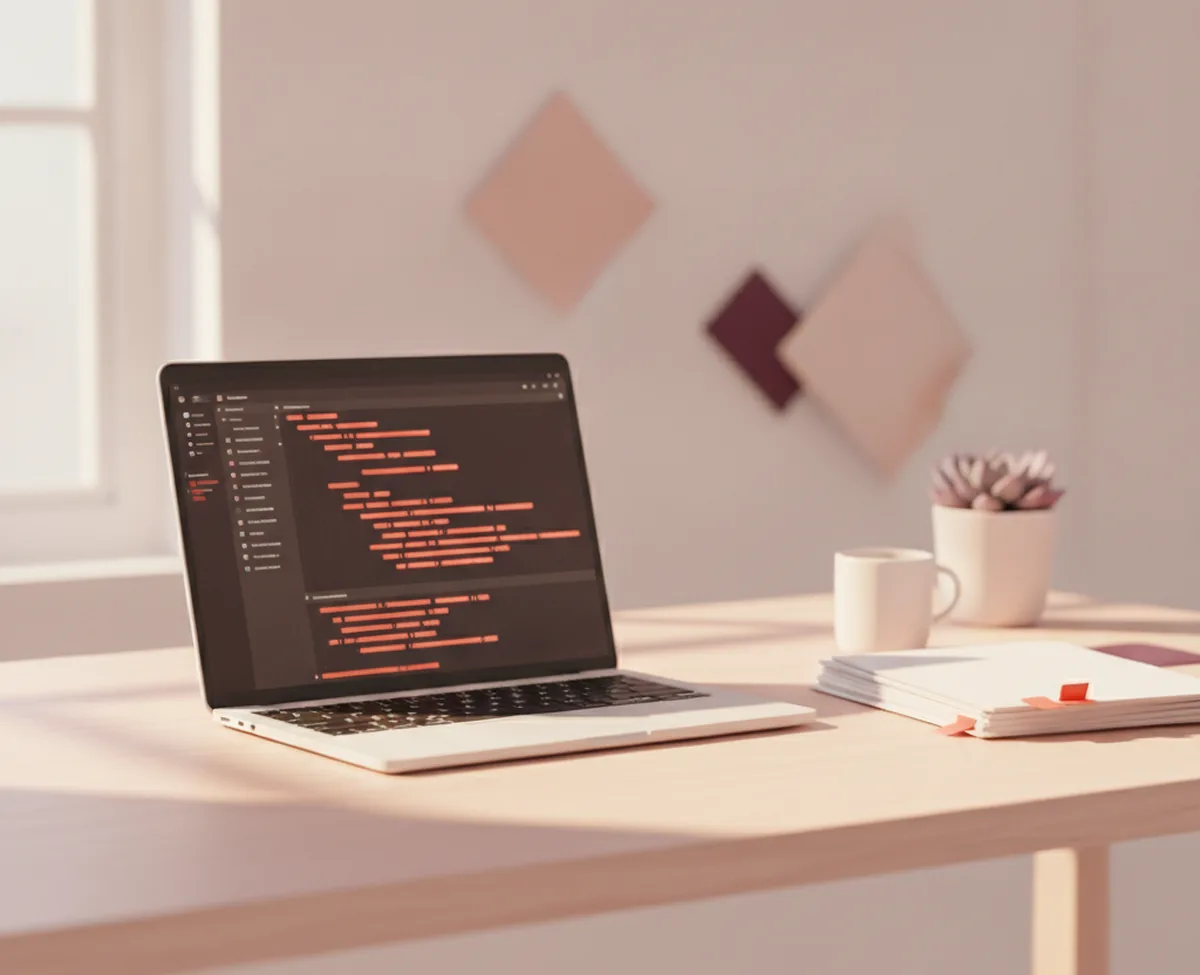 A sunlit desk with an open laptop showing abstract coral code lines on a dark editor, a printed page beside it fanned with small coral sticky flags along its edge