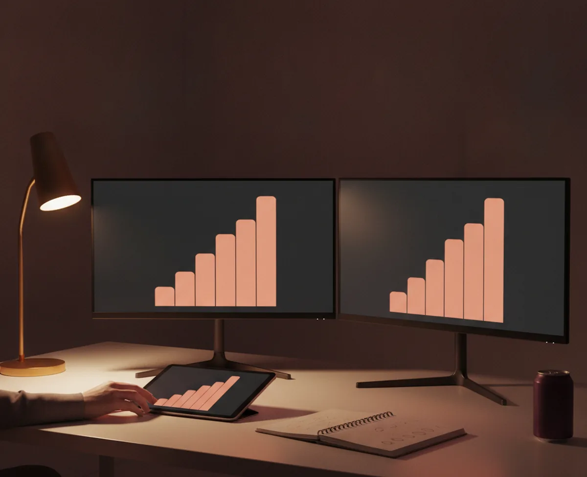 A dim night office with two matte monitors showing abstract coral bar shapes, a warm desk lamp overhead, a hand on a tablet also showing coral shapes