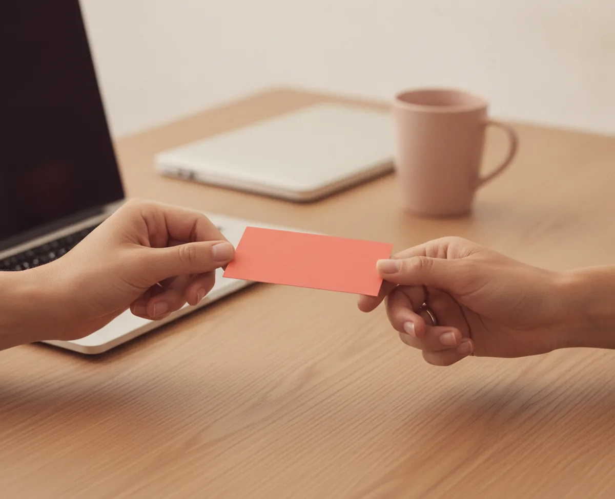 Two hands meeting over a warm oak desk in bright daylight, one handing across a small matte coral business card while the other reaches to take it