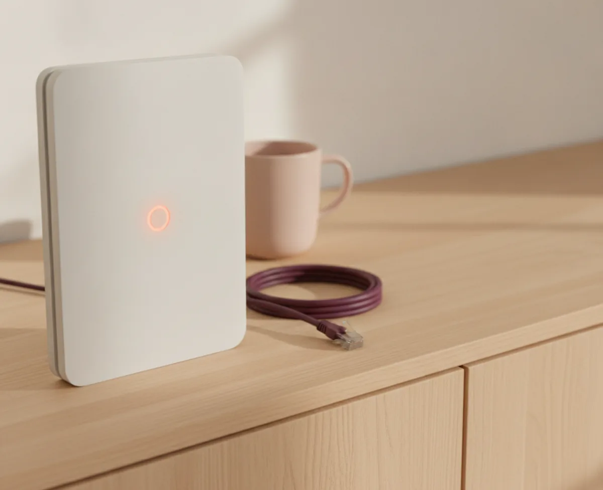 A plain white home router standing on a warm pale oak sideboard with a single small coral status light glowing on its face, a coiled deep burgundy cable and a blush mug beside it