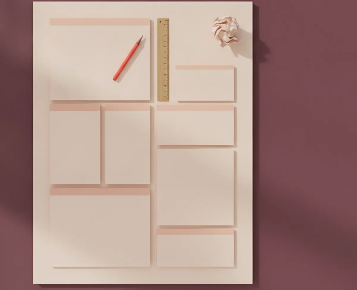 An overhead of a design table with rectangular blank paper page mockups laid out in a rough website layout, a coral pen and a wooden ruler across the top