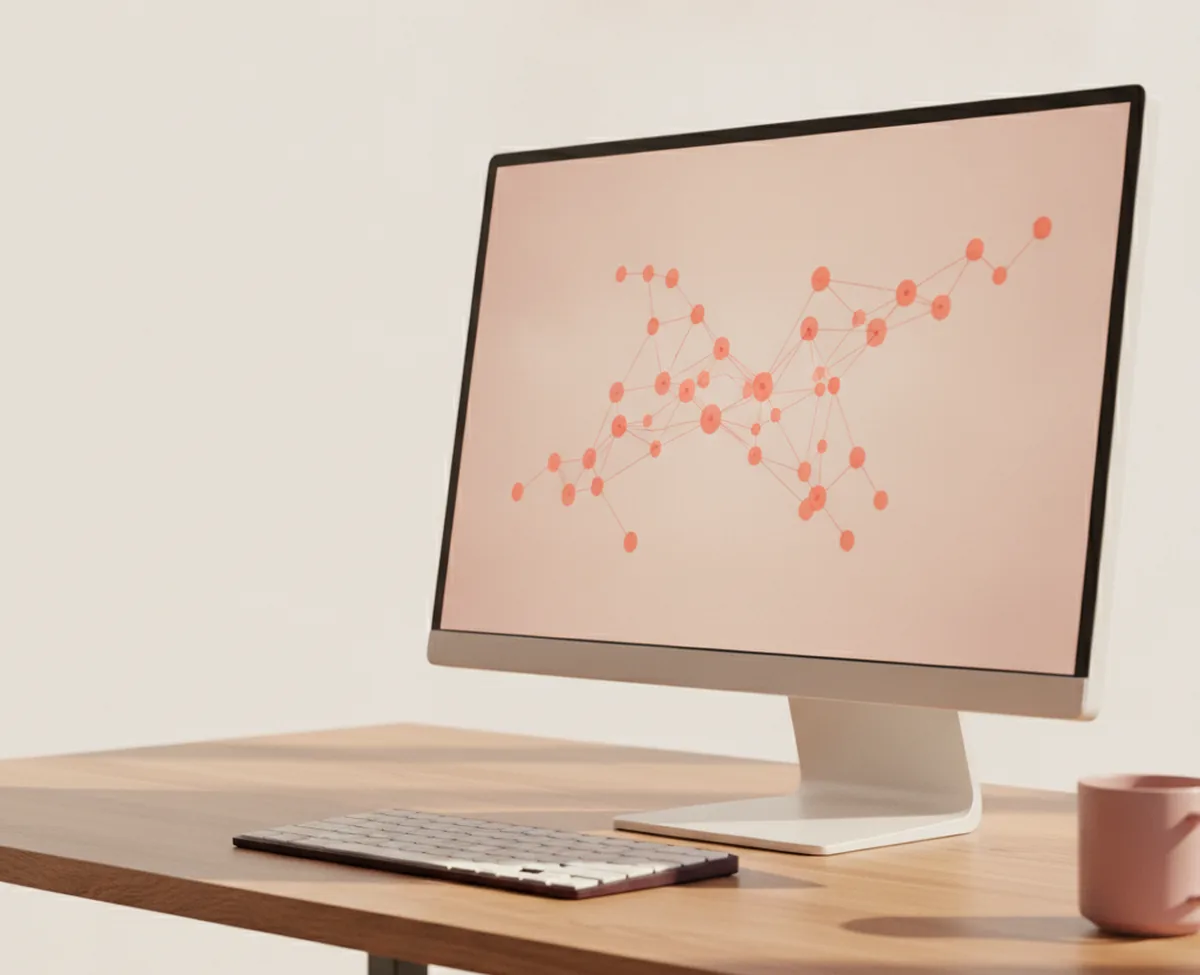 A slim desktop monitor on a sunlit oak desk showing an abstract coral web of small nodes joined by thin lines across a blank screen, a low-profile keyboard out of focus in front of it and a ceramic mug alongside