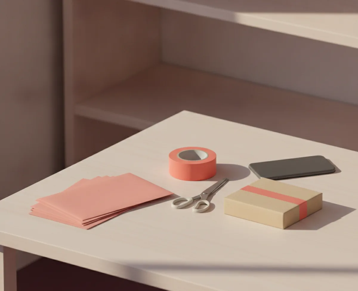 A one-person store's packing corner: a fan of flat coral mailing envelopes, a roll of coral tape, scissors and a single plain kraft parcel on an otherwise clear table with bare shelves behind