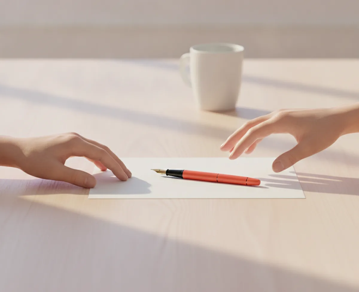Two anonymous hands meeting over a wooden desk in warm office daylight, one sliding a signed blank paper toward the other with a fountain pen laid across it