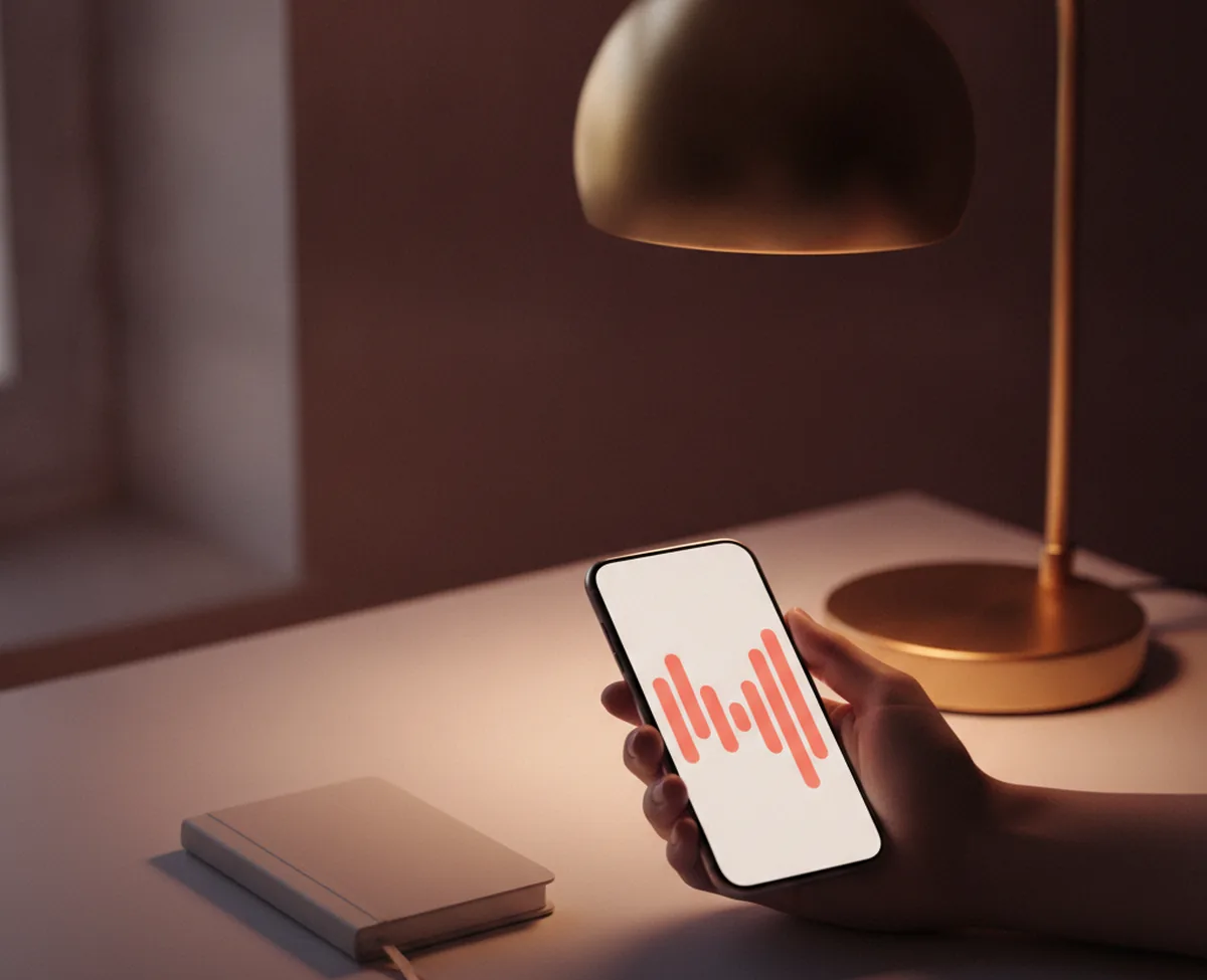 A hand holding a smartphone above a dim desk, the phone screen showing abstract rising coral bar shapes in a warm pool of lamp light