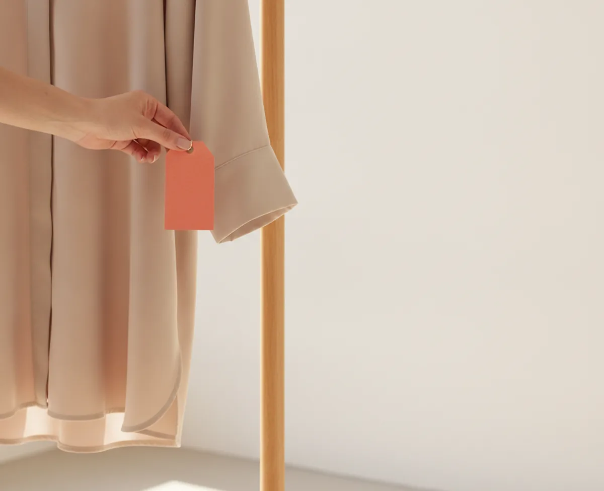A hand fixing a small blank coral price tag onto the sleeve of a garment on a wooden shop rack in warm daylight