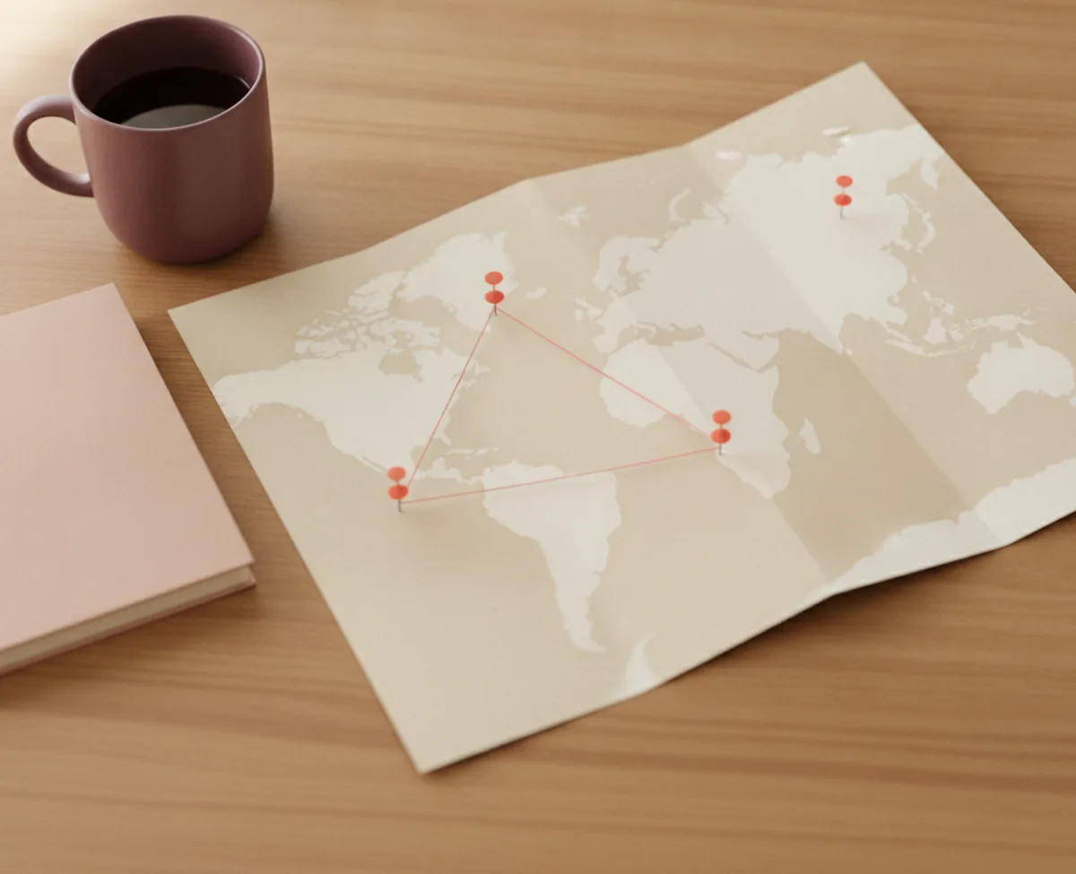 A folded paper map with no place names lying open on a warm oak desk, four small coral pins pushed into it and a fine coral thread running between three of them