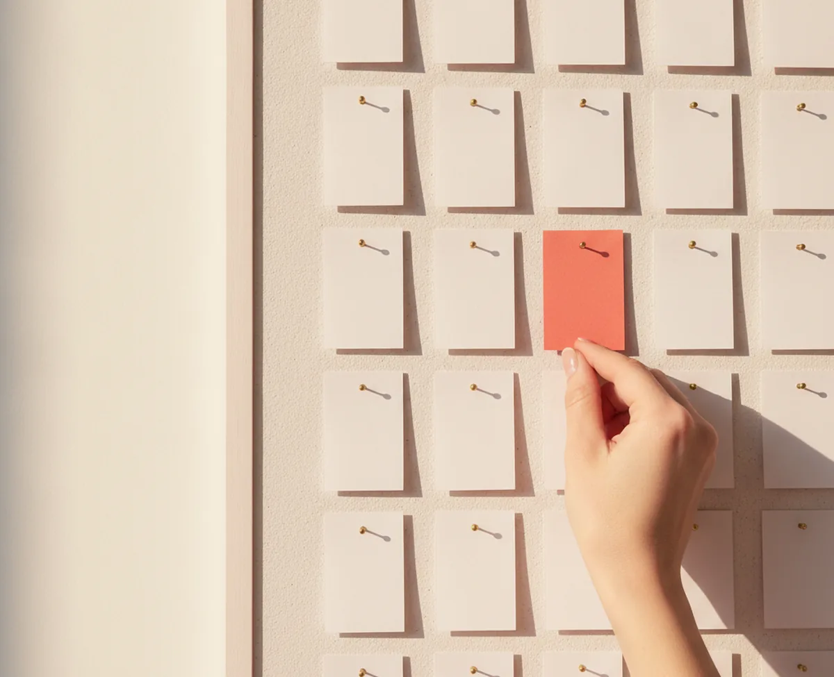 A pale noticeboard filled with a grid of small blank pinned cards, with a hand pressing a brass pin into a single blank coral card at the centre