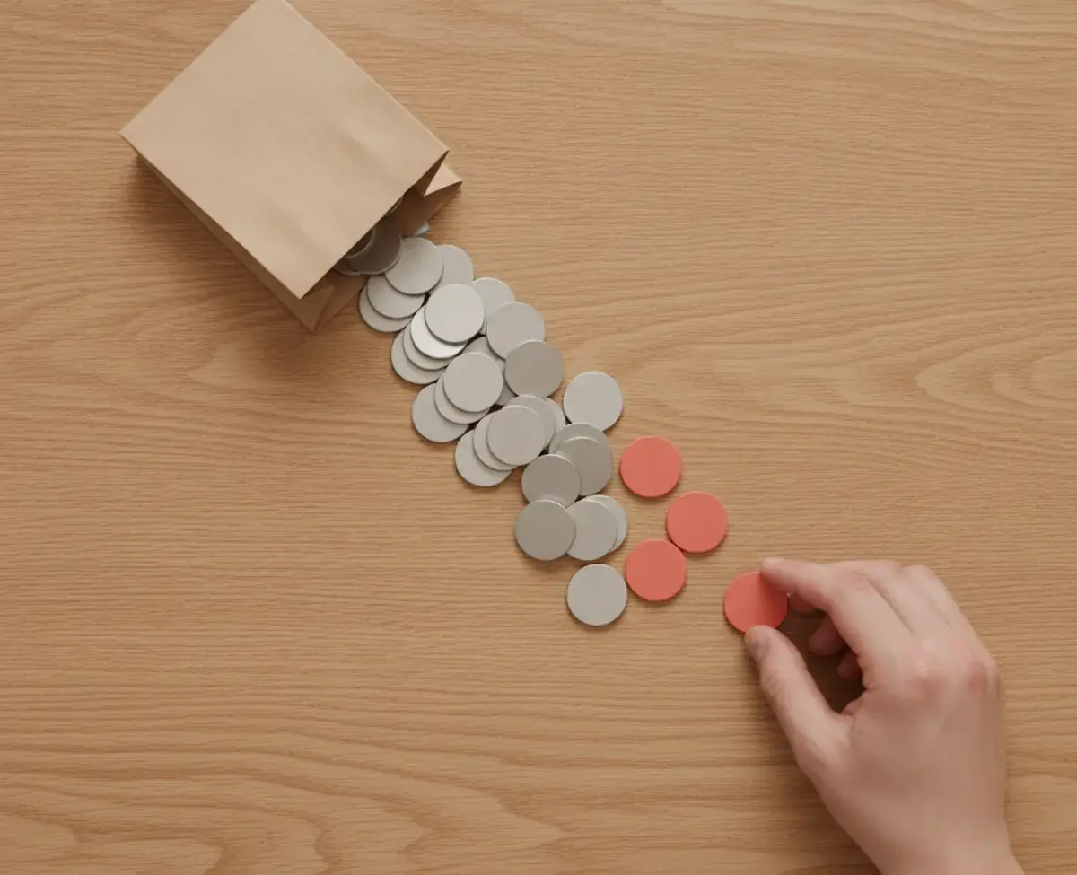 A plain paper shopping bag tipped on its side on a warm oak desk with a run of blank metal discs spilling from it, and a hand drawing four coral discs away from the group