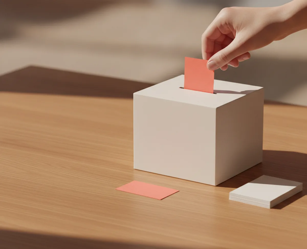 A hand posting a single coral paper slip into the slot of a plain white box on a warm oak desk, with a neat stack of identical blank slips and one fallen slip on the wood beside it