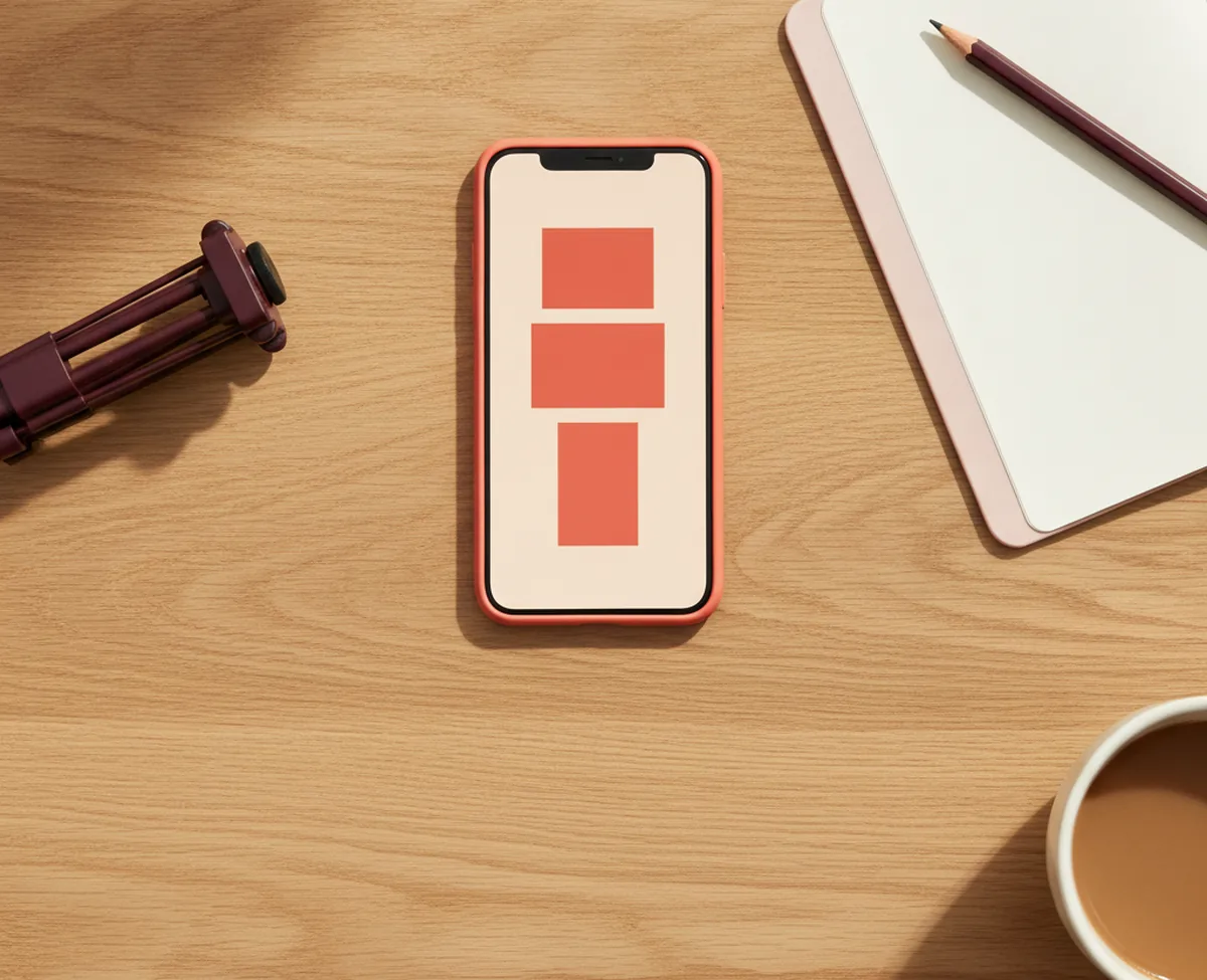 An overhead of a sunlit oak desk with a phone in a coral case showing three stacked abstract coral card shapes on-screen, a folded ring-light stand and a notebook alongside