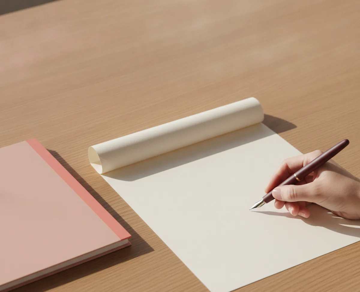 A hand holding a fountain pen signing at the bottom of a blank contract page on a warm oak desk, a coral folder in soft focus beside it