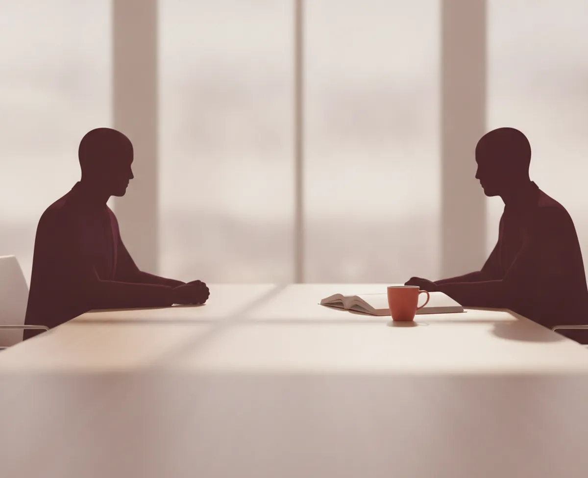 Two anonymous silhouettes seated across a long wooden boardroom table in warm daylight, an open folder and a coffee cup between them