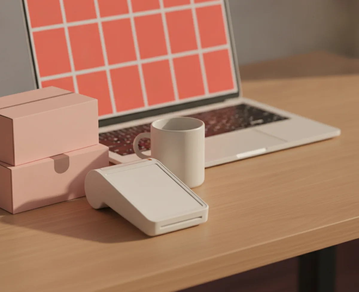 A warm oak desk with an open laptop showing a grid of plain coral product-card shapes, a blank matte card reader in front of it and two flat-packed shipping boxes stacked alongside