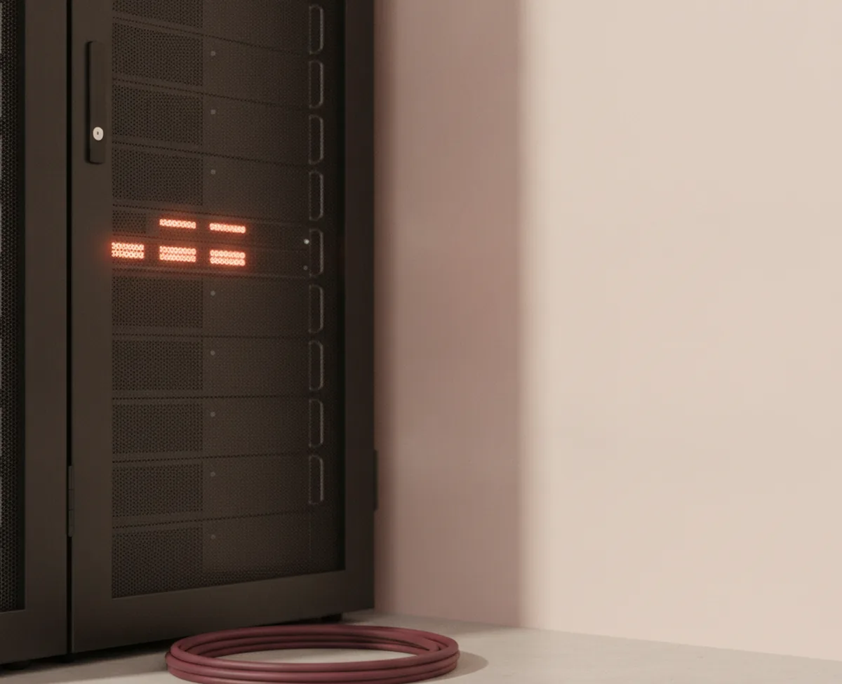 A matte black server rack with warm coral status lights along one row and a coiled deep burgundy patch cable resting on the floor in front of it