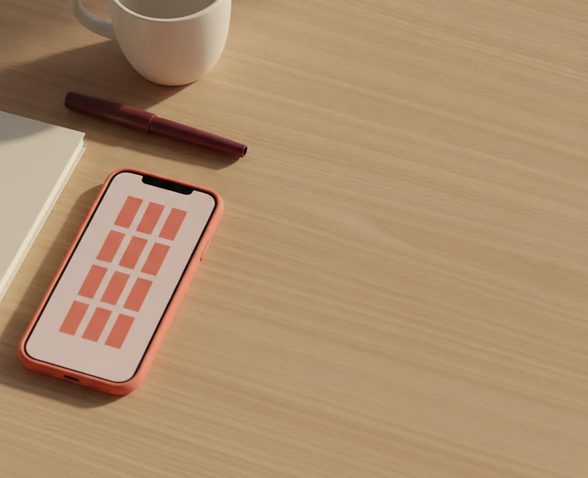 An overhead of a sunlit oak desk with no laptop, only a phone in a coral case showing abstract coral rectangles on-screen, a notebook, a fountain pen and a ceramic mug