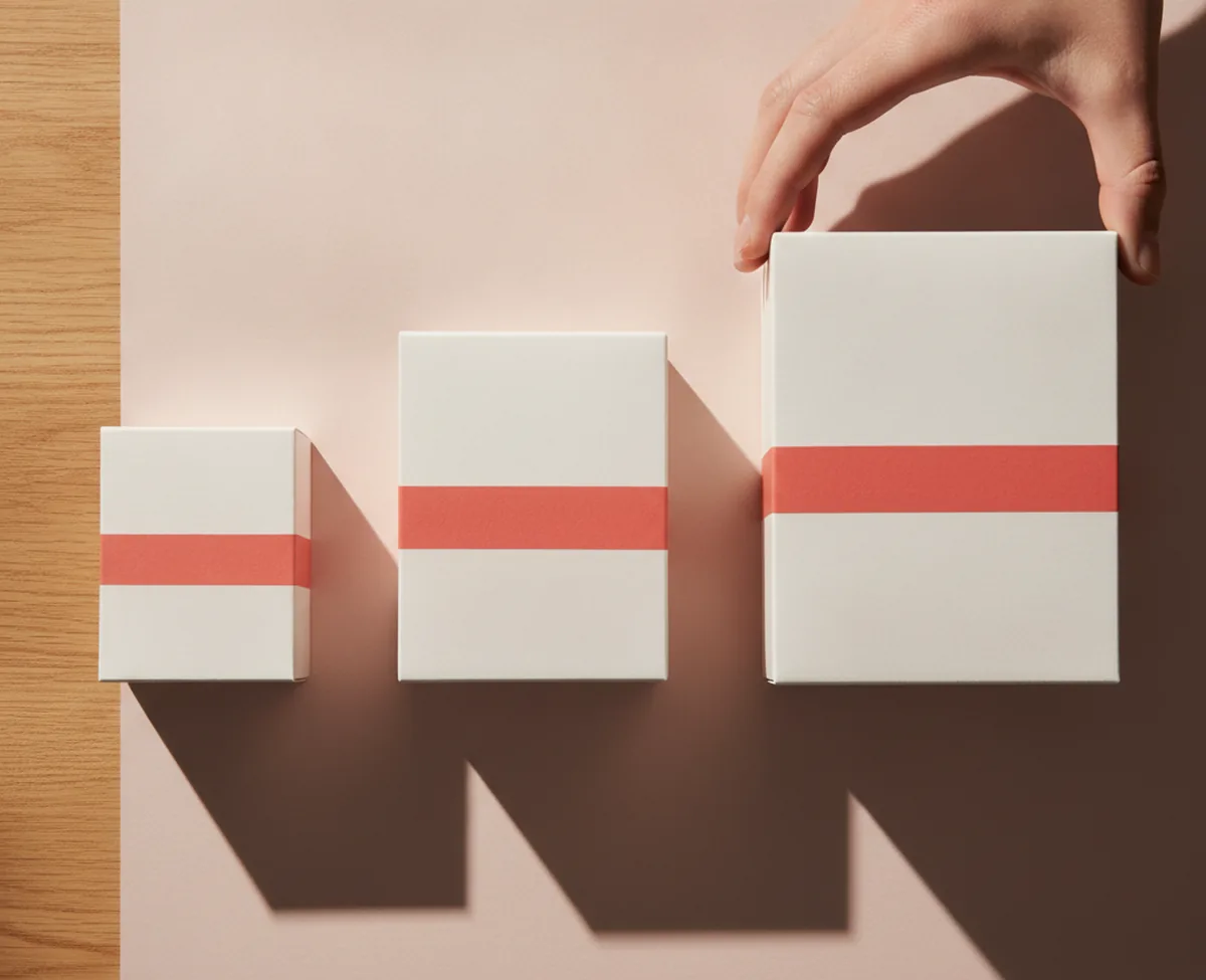 Three blank matte product boxes standing in a row in ascending size on a warm surface, each sealed with a single coral band, with a hand lifting the largest one out of the row