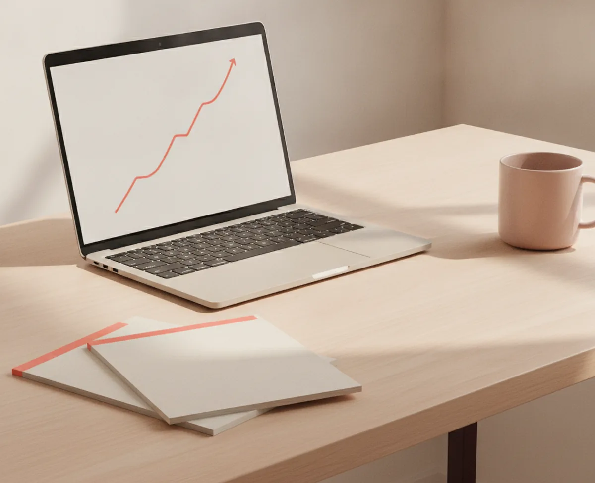 A sunlit oak desk with an open laptop showing a single plain coral line stepping upward across a blank screen, a stack of printed pages marked with coral highlighter strokes in front of it and a ceramic mug alongside