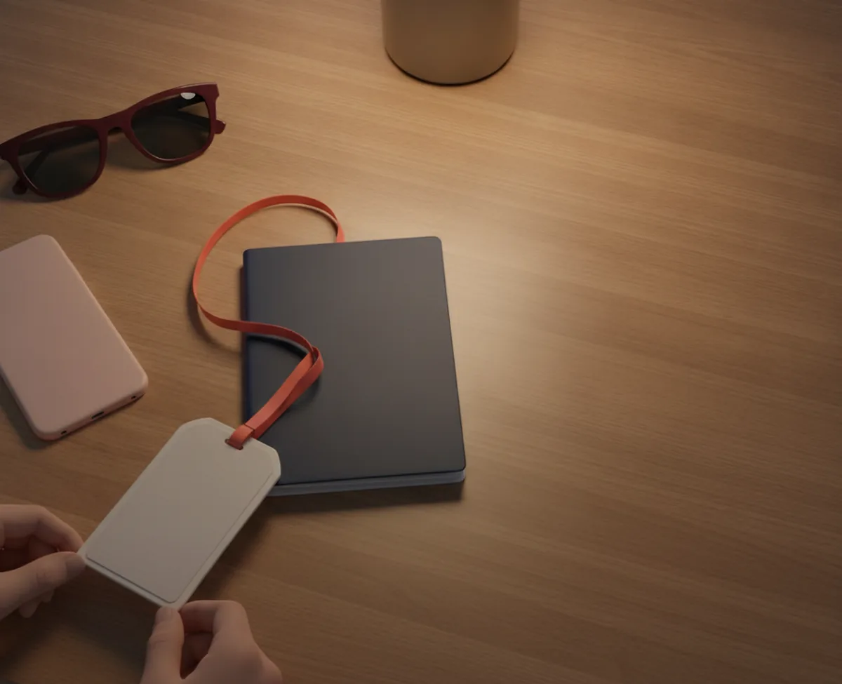 A travel planning desk at dusk: a plain navy passport booklet with a blank luggage tag on a coral ribbon, folded sunglasses and a phone lying face-down under a low lamp