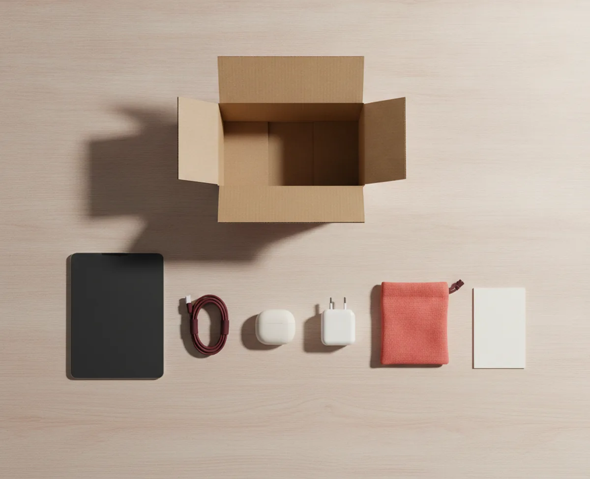 One electronics order unpacked on a desk: an opened plain box above a row of separated contents — a blank matte device, a coiled cable, an earbud case, a power adapter, a coral pouch and a blank card