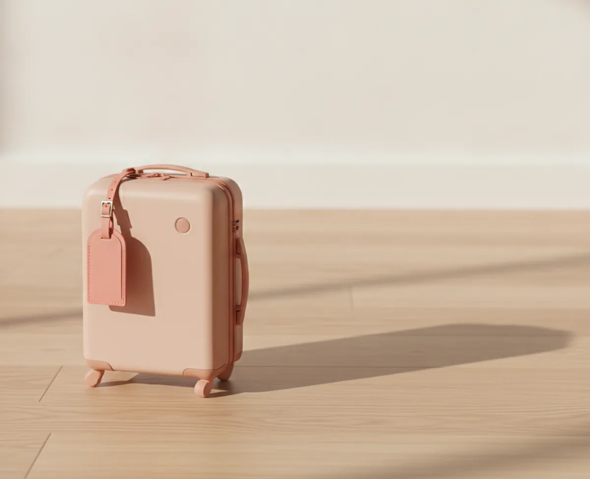 A small closed blush suitcase standing alone on a warm oak floor with a blank coral luggage tag on its handle and one long shadow stretching away across the empty floor
