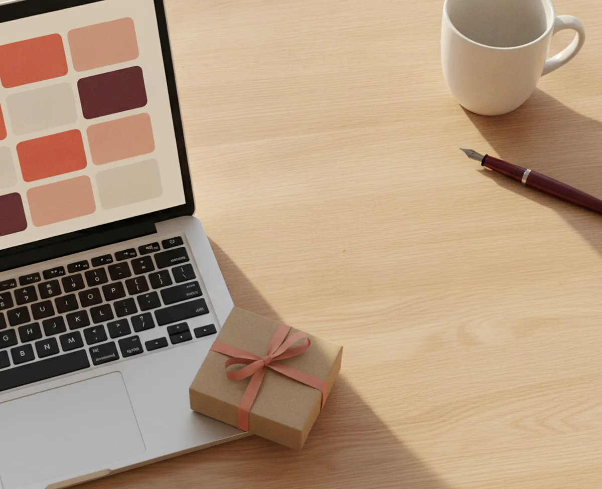 An overhead of a sunlit oak desk with a laptop screen showing an abstract grid of coral shop-card shapes, a small kraft parcel with a coral ribbon and a fountain pen alongside